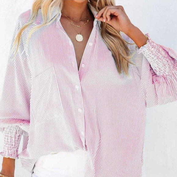 Pink Stripped Smocked Button Up - Picture 1 of 1